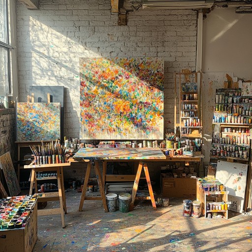 A colorful art studio with a work in progress on the easel